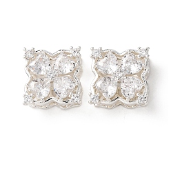 Прозрачный Латунные фианиты, инкрустированные кубическими циркониями, квадратные с цветочными многорядными звеньями, серебряные, прозрачные, 13.5x13.5x6.5 мм, отверстие : 1.8 мм