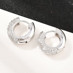 Платина Серьга-кольцо с прозрачным кубическим цирконием из латуни, Кольцевая форма, без свинца и без кадмия, долговечный, стойки покрытие, платина, 17.5x19.5x7.5 мм