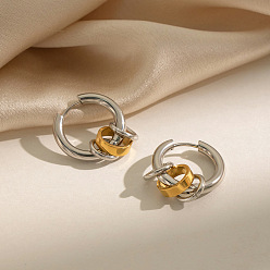 Real Gold Plated & Stainless Steel Color 304 Stainless Steel Hoop Dangle Earrings for Women, Circle, Real Gold Plated & Stainless Steel Color, 24.8x20mm