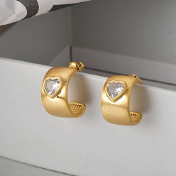 Настоящее золото 22K Серьги-гвоздики из латуни, с четким кубического циркония, полукруглые серьги для женщин, сердце, реальный 22 k позолоченный, 25x10 мм