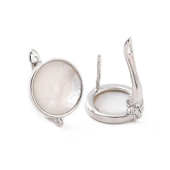 Platinum Rack Plating Brass Hoop Earring Findings with Latch Back Closure, with Natural White Shell and Horizontal Loop, Flat Round, Platinum, 16x14x11mm, Hole: 1.2mm, Pin: 0.9mm