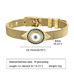Evil Eye Glass Link Bracelet, with Golden Stainless Steel Mesh Chains, Evil Eye, 5-1/8~7-1/8 inch(13~18cm)