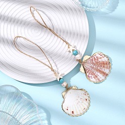 Светло-Коралловый Подвесные украшения из ракушек с гальваническим покрытием, с синтетическими бирюзовыми бусинами и джутовым шнуром, формы раковины, свет коралловый, 162~167 мм