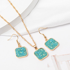 Темно-бирюзовый Наборы подвесок из сплава смолы: колье и серьги-подвески, квадратный, золотые, темные бирюзовый, колье: 15.75 дюйм (40 см)