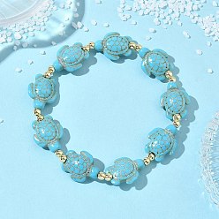 Золотой Браслеты из синтетической бирюзы и немагнитных гематитовых бусин, эластичные, для женщин и мужчин., черепаха, бирюзовые, золотые, внутренний диаметр: 1.89 дюйм (4.8 см)