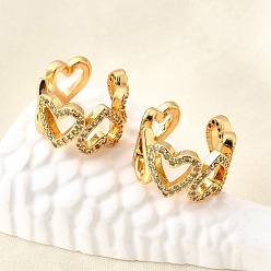 Настоящее золото 18K Латунные серьги-манжеты из прозрачного кубического циркония, сердце, реальный 18 k позолоченный, 13.5x13x8.5 мм