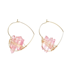 Pink Гальванические серьги из натурального кварца, обернутые проволокой, для девушек и женщин, латунные серьги-кольца с золотым сердцем, розовые, 42x35.5x7~9 мм, штифты : 0.7 мм