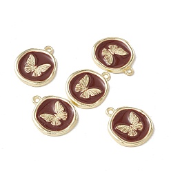 Кокосово-Коричневый Подвески из эмали и сплава, золотой свет, плоские круглые с бабочкой, кокосового коричневый, 21x18x2 мм, отверстие : 1.7 мм