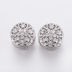 Platinum Brass Micro Pave Cubic Zirconia European Beads, Large Hole Beads, Hollow, Flat Round with Flower, Clear, Platinum, 11x10.5mm, Hole: 4.5mm