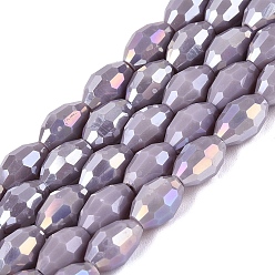 Medium Purple Electroplate Opaque Solid Color Glass Beads Strands, Rice, AB Color Plated, Faceted, Medium Purple, 8~8.5x5.5~6mm, Hole: 1~1.2mm, about 67~68pcs/strand, 21.46~22.24 inch(54.5~56.5cm)