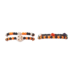 Orange Halloween Theme Skull Synthetic Turquoise(Dyed) Stretch Bracelets Sets, Acrylic Beaded Bracelets for Women, Orange, Inner Diameter: 2-1/8~2-1/4 inch(5.35~5.7cm), 2pcs/set