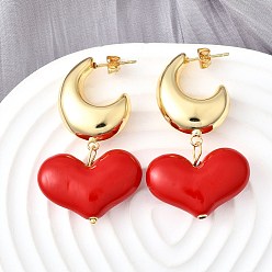 Настоящее золото 18K Латунные качают серьги, луна с сердцем, с эмалью, реальный 18 k позолоченный, 50x28 мм
