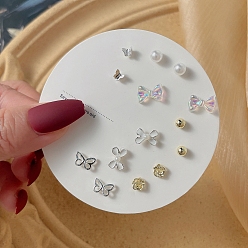 Платина 7 пары антикоррозийных изысканных комплектов сережек-гвоздиков из сплава для девушек и женщин, с пластиковыми бусинами, имитирующими жемчуг, и латунной булавкой, разнообразные, платина, Размер упаковки: 75x75 mm