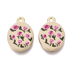 Violet Valentine's Day Printed Alloy Pendants, Rack Plating, Oval & Flower Charms, Cadmium Free & Nickel Free & Lead Free, Golden, Violet, 20x13.5x4mm, Hole: 1.8mm