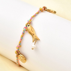 Оранжевый Серия «Океан» 304 браслеты из нержавеющей стали, регулируемые плетеные браслеты из хлопкового шнура для женщин, ионное покрытие (ip), реальный 18 k позолоченный, оранжевые, внутренний диаметр: 3-5/8 дюйм (9.15 см)