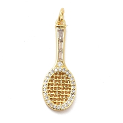 Real 18K Gold Plated Rack Plating Brass Cubic Zirconia Pendants, Tennis Racket Charms, Long-Lasting Plated, with Jump Rings, Cadmium Free & Lead Free, Real 18K Gold Plated, 28x10x2mm, Hole: 3mm