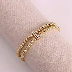 Letter L Браслеты из латуни с микропаве из прозрачных кубических циркониевых бусин, двойные нити, эластичные, для женщин, буква и круг, золотые, Письмо L, 6.69 дюйм (17 см)