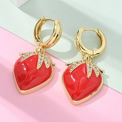 Настоящее золото 18K Латунные микро проложить серьги обруча кубического циркония, с эмалью, без свинца и без кадмия, долговечный, стойки покрытие, клубника, реальный 18 k позолоченный, 38x19 мм