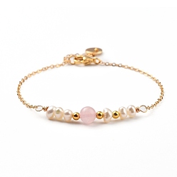 Rose Quartz Natural Rose Quartz Beaded Bracelets, with Natural Pearl Beads, Brass Cable Chains & Beads & Charms, 304 Stainless Steel Lobster Claw Clasps, 7-1/4 inch~7-1/2 inch(18.5~19cm)