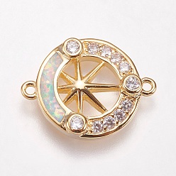 Champagne Yellow Brass Micro Pave Cubic Zirconia Links, Cadmium Free & Lead Free, with Synthetic Opal, Flat Round with Star, Golden, Champagne Yellow, 13.5x17.5x2.5mm, Hole: 1mm