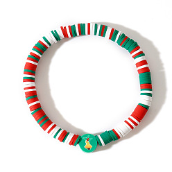 Разноцветный Рождественские браслеты из полимерной глины в стиле хейши и акриловых бусин, эластичные, для женщин., Плоский круглый с елкой, красочный, 6.89 дюйм (17.5 см)