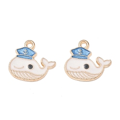 White Alloy with Enamel Pendants, Whale Shape with Sailor Hat Charms, Golden, White, 16x17x1mm, Hole: 1.6mm