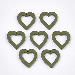 Светло-зеленый Коричневый Расписные подвески из тополя, сердце, оливковый, 25x23x3 мм, отверстие : 1.5 мм