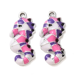 Lila Emaille Anhänger Legierung, Seepferdchen-Form-Anhänger, Platin Farbe, lila, 24x11x4 mm, Bohrung: 1.5 mm
