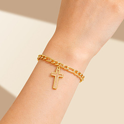 Золотой Браслеты с подвесками в виде полых крестов из сплава, 201 браслеты из нержавеющей стали с цепочками Фигаро для женщин, золотые, 7.80 дюйм (19.8 см)