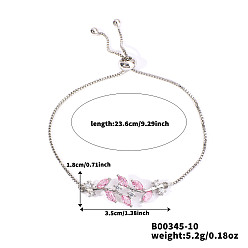 Pink Браслеты-слайдеры из латуни с микропаве и кубическим цирконием, браслеты с подвесками в виде листьев для женщин, платина, розовые, 9-1/4 дюйм (23.6 см)