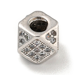 Platinum Brass Micro Pave Black/Clear Cubic Zirconia Beads, Polygon, Platinum, 7x7x7mm, Hole: 3.5mm