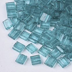 Dark Turquoise 2-Hole Baking Paint Transparent Glass Seed Beads, Rectangle, Dark Turquoise, 5x4.5~5.5x2~2.5mm, Hole: 0.5~0.8mm