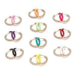 (52) Непрозрачная лаванда Серьги-кольца из латуни с микропаве из прозрачного кубического циркония, с эмалью, сердце, реальный 18 k позолоченный, разноцветные, 19.5x2~3 мм, штифты : 0.7 мм