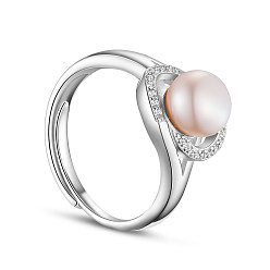Pêche Bague en argent sterling plaqué rhodium, micro pavé aaa zircone ovale avec perle d'eau douce, platine, peachpuff, 925mm