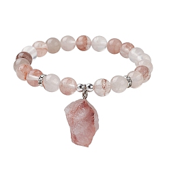Ferruginous Quartz Natural Ferruginous Quartz Round Beaded Stretch Bracelets, with Rough Raw Nugget Charms, Inner Diameter: 2-1/2 inch(6.2cm)