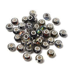 Черный Европейские бусины из прозрачной смолы с печатью, бусины с большим отверстием, рондель с латунными сердечниками, покрытыми серебром, и блестящей пудрой, чёрные, 14x8.5 мм, отверстие : 5 мм