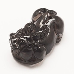 Obsidian Carved Natural Obsidian Pendants, Pi Xiu, 31x19x13.5mm, Hole: 1mm