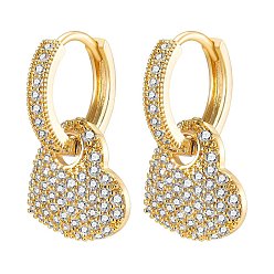 Golden Brass Micro Pave Clear Cubic Zirconia Hoop Earring, Heart, Golden, 25mm