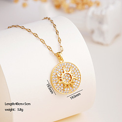 Золотой 304 Подвеска-солнце из нержавеющей стали с микропаве из прозрачного кубического циркония для женщин, золотые, золотые, 15.75 дюйм (40 см), Кулон : 19.5 мм
