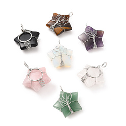 Mixed Stone Natural & Synthetic Gemstone Pendants, with Platinum Tone Copper Wire Wrapped, Cadmium Free & Lead Free, Star, 34~37.5x29~31x10~12mm, Hole: 5~6mm
