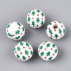 Зеленый Окрашенные распылением деревянные бусины Schima, печатные бисера, круглые, зелёные, 15~16x14.5~15 мм, отверстие : 4~5 мм