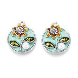 Платина Подвески из сплава с покрытием из стразов и эмали, плоские круглые и цветок, с ABS имитации жемчуга, платина, 24x20x6 мм, отверстие : 1.8 мм