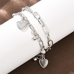 Платина Браслеты из железа с цепочкой «фигаро» и «скрепка», двухслойные, звеньевые, для женщин., сердце и мяч, с CCB, платина, 7.60 дюйм (19.3 см)