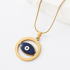 Blue 304 Stainless Steel Enamel Evil Eye Pendant Necklaces for Men Women, Golden, Blue, 15.75 inch(40cm)