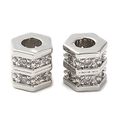 Платина Стойки обшивки латунь кубического циркония бусы, долговечный, без кадмия и без свинца, шестиугольник, платина, 7.4x7.5 мм, отверстие : 3.2 мм
