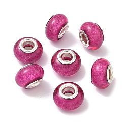 Фуксин Бусины из смолы европейского стиля с большим отверстием , с серебряного цвета латуни двойные сердечники, рондель, фуксиново-красные, 14x9 мм, отверстие : 5 мм