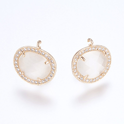 Белый Латунные серьги-гвоздики из циркония, с петлей, кошачий глаз, овальные, золотые, белые, 16.5 мм, отверстия: 1 мм, штифты: 0.8 мм
