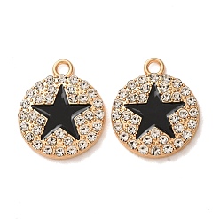 Light Gold Alloy Rhinestone Pendants, Flat Round with Star Charms, with Enamel, Light Gold, 21.5x18x2.5mm, Hole: 2mm
