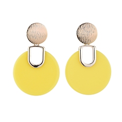 Yellow Opaque Acrylic Stud Earrings, with Brass Findings and Ear Nuts, Flat Round, Yellow, 51mm, Pin: 0.8mm