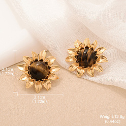 Цветок Серьги-гвоздики из натурального сплава тигрового глаза, золотые, цветок, 31 мм